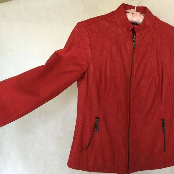 Alfani Red Faux Leather Vegan Moto Bomber Jacket Size XS Lined Pockets Zip Up - Picture 5 of 9
